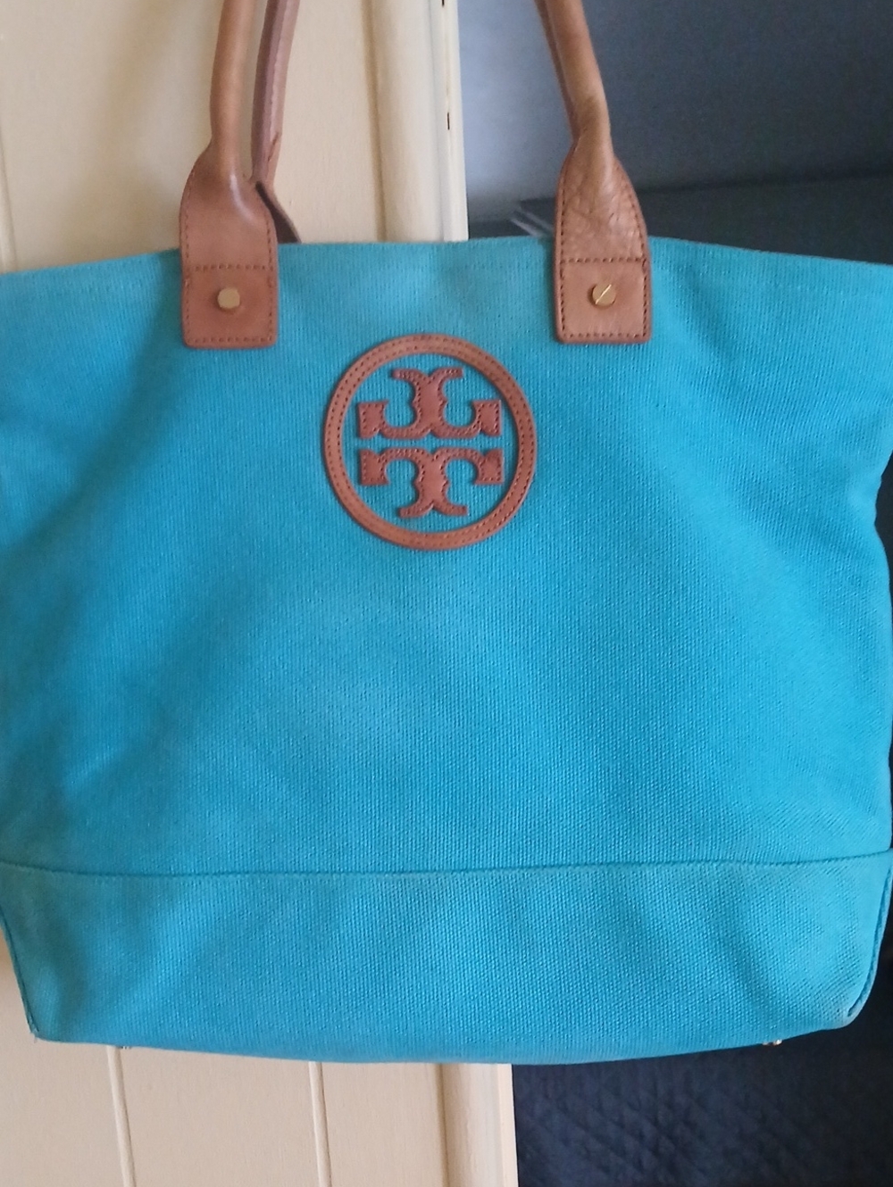 Tory Burch Turquoise Canvas Tote with Brown Leather Trim and Logo - Picture 2 of 11